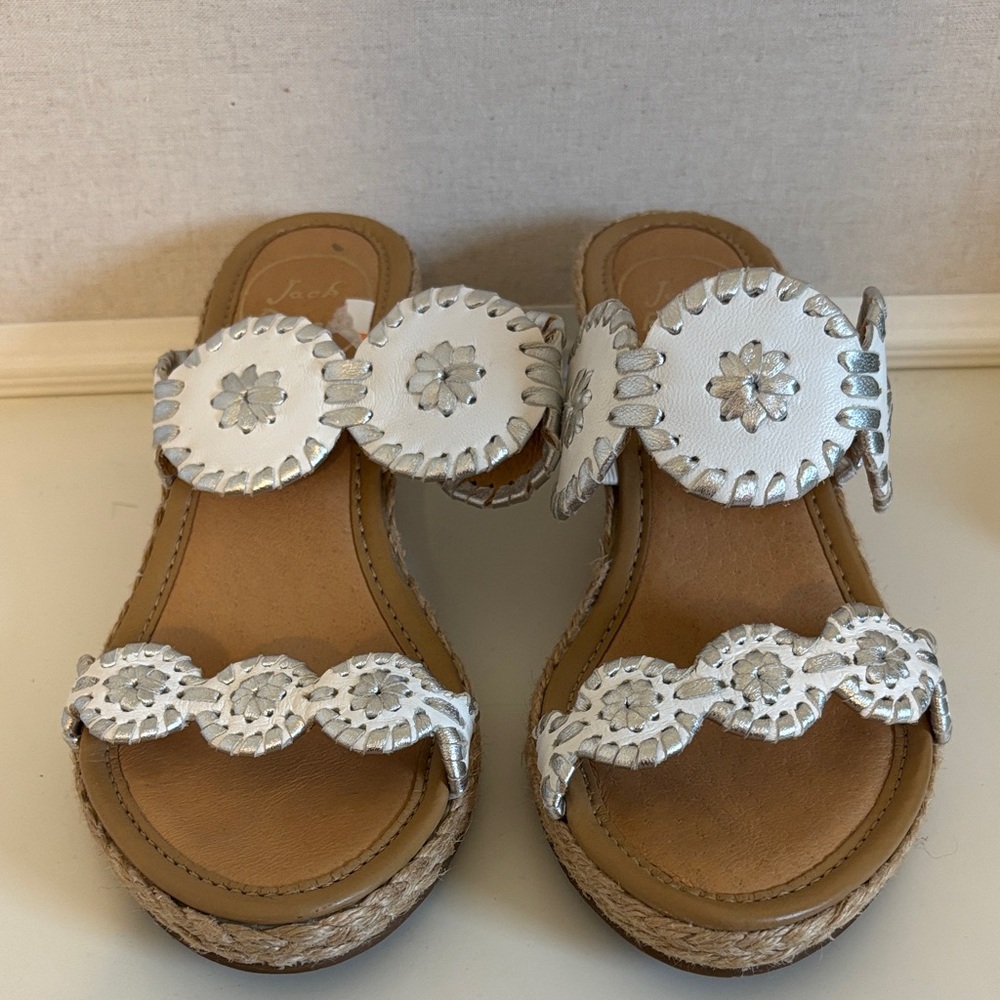 Jack Rodgers Espadrille Wedge Sandal Silver and White Size 6